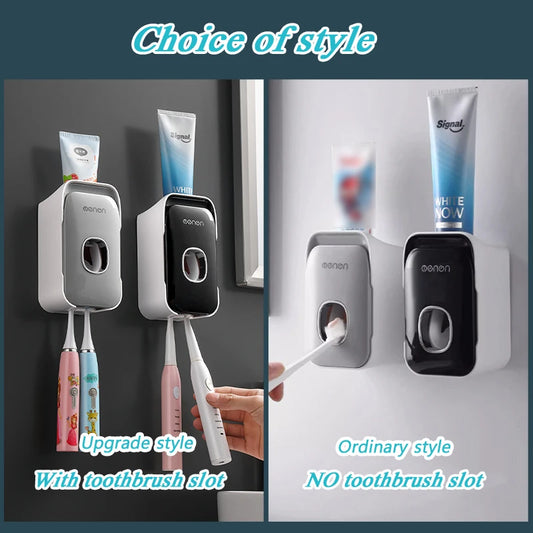 Dispensador de pasta de dientes MENGNI – Exprimidor de pasta dental montado en la pared para baño, soporte para cepillo de dientes sin taladros, organizador manual de bomba de pasta de dientes para almacenamiento y uso diario en el baño