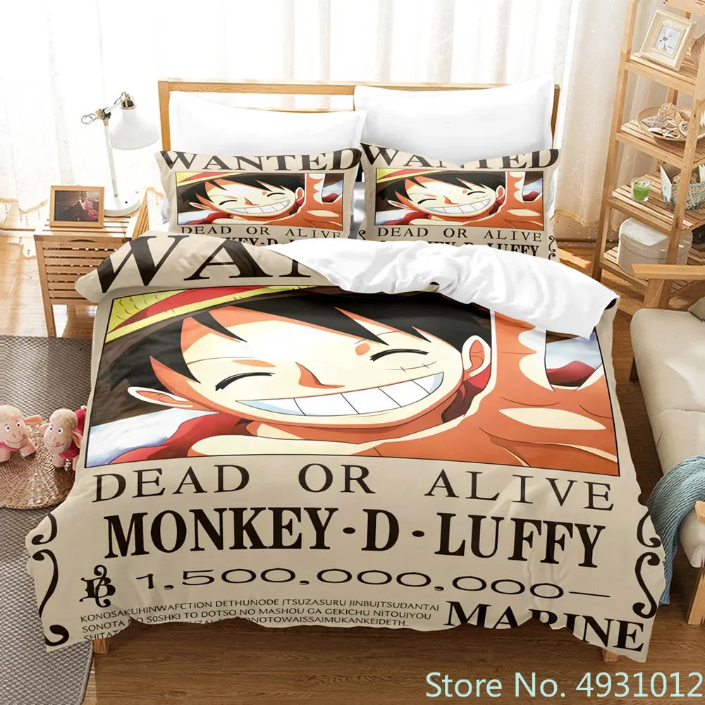 One Piece Luffy 3-Piece Bedding Set – 3D Cartoon Anime Duvet Cover & Pillowcase Set for Kids, Boys, Teens & Adults