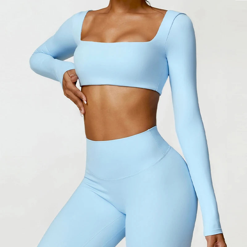 Women’s Square Neck Sports Crop Top – Long Sleeve Quick-Dry Gym Yoga Fitness Activewear