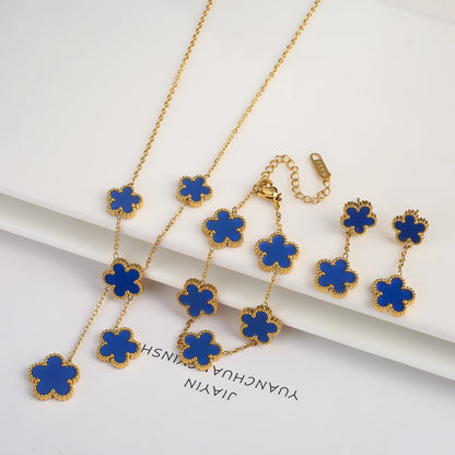 3Pcs Women’s 18K Gold Plated Five Leaf Flower Jewelry Set Clover Necklace Earrings Bracelet Party