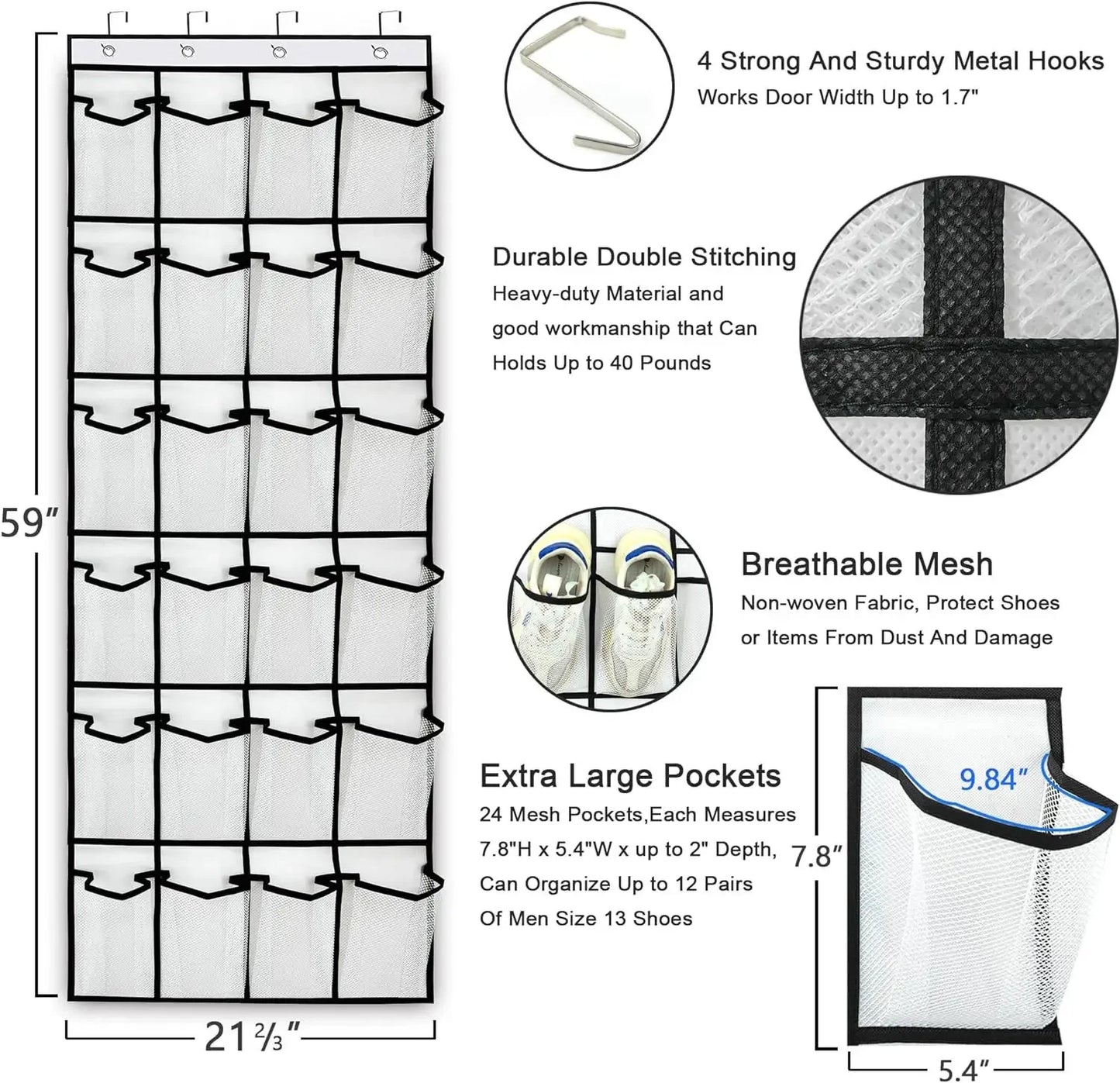 Over-the-Door Shoe Organizer - 12, 14 or 24 Pocket Hanging Shoe Storage with Large Mesh Pockets & 4 Hooks