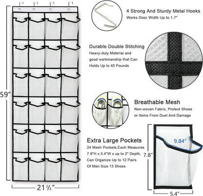 Over-the-Door Shoe Organizer - 12, 14 or 24 Pocket Hanging Shoe Storage with Large Mesh Pockets & 4 Hooks