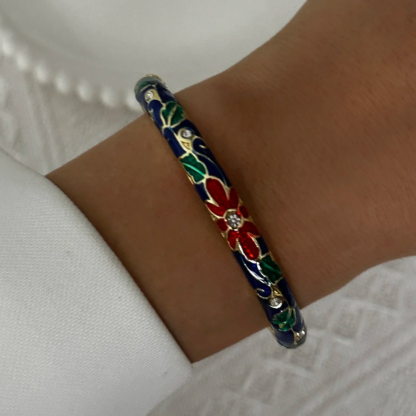 Elegante pulsera de esmalte de flores con circonitas – Pulsera retro chapada en oro con ojo turco floral para mujer | Joyería de moda para fiesta