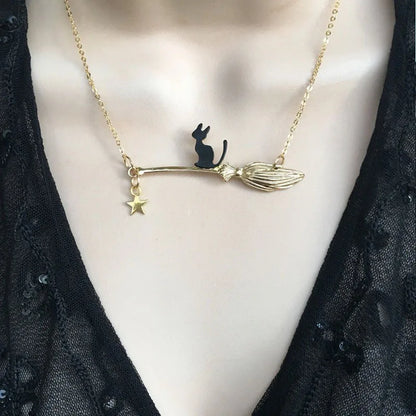 Funny Cat Riding Broom Necklace for Women – Creative Personalized Pendant Choker Chain, Halloween Jewelry & Friend Gift Accessory