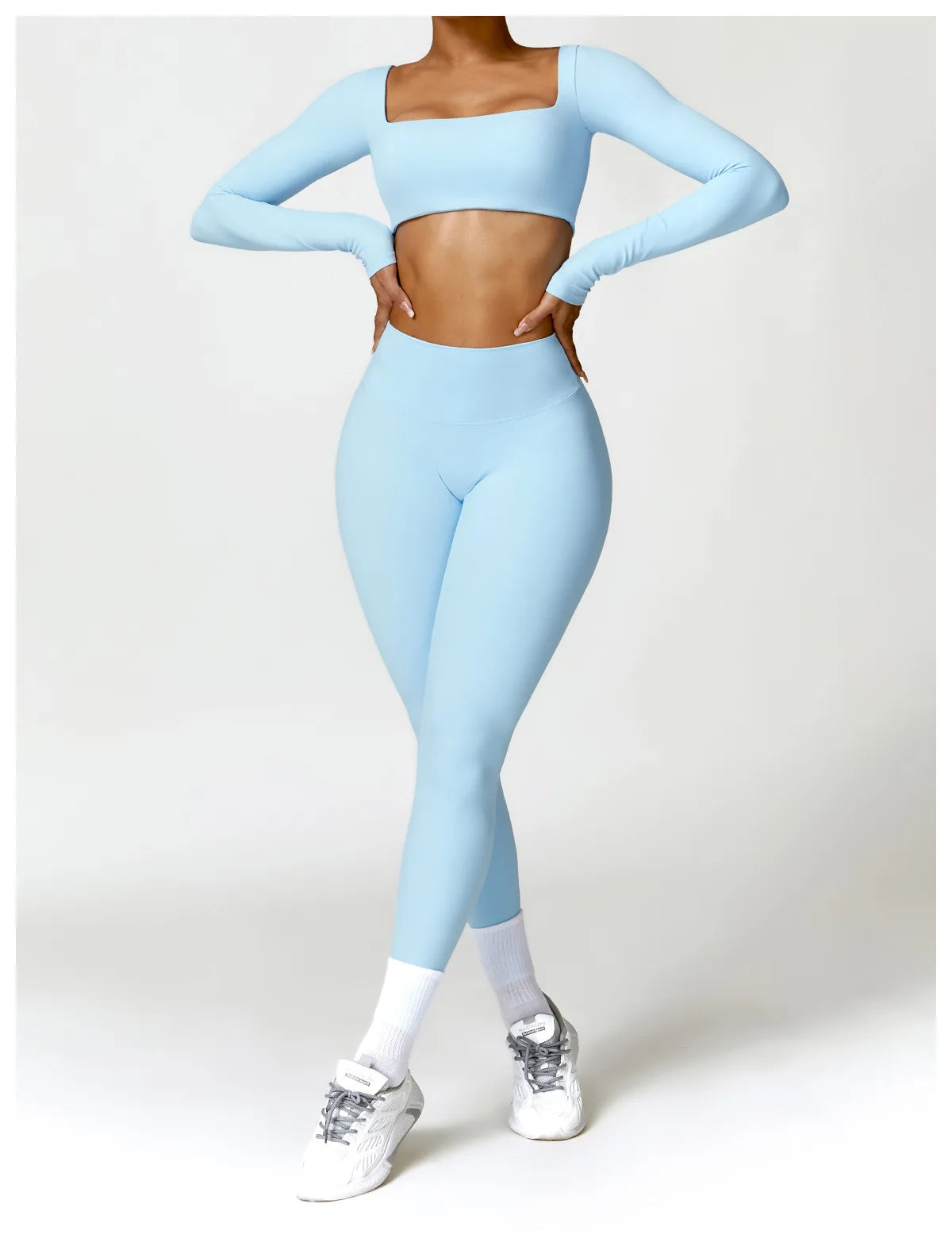 Women’s Square Neck Sports Crop Top – Long Sleeve Quick-Dry Gym Yoga Fitness Activewear
