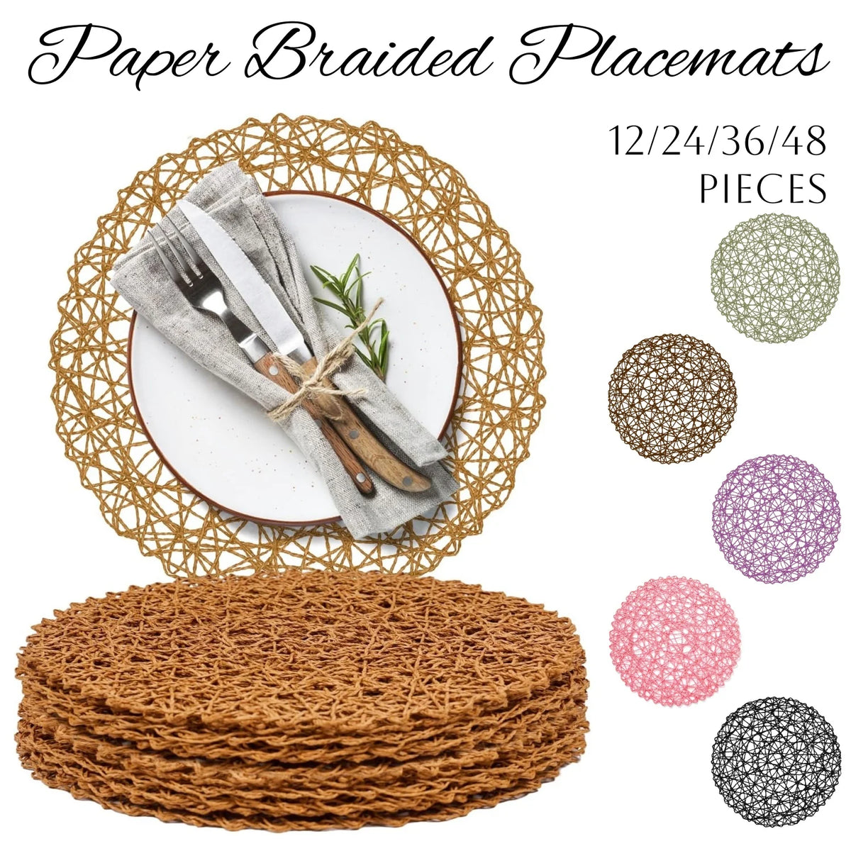 12–48PCS 15-Inch Round Paper Braided Placemats – Boho Woven Table Mats for Dining Table, Wedding, Party & Home Decor