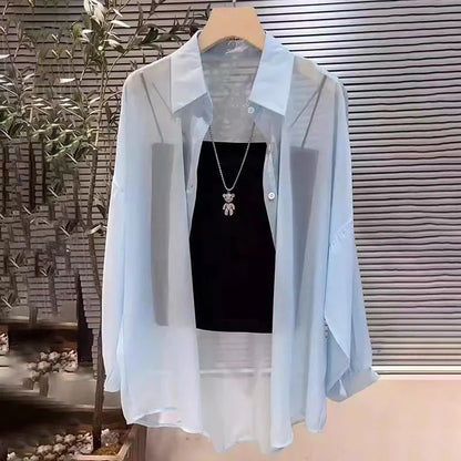 Plus Size Women's Summer Blouse – Lightweight Chiffon Long Sleeve Button-Up Shirt, Loose Breathable Sun-Protection Top