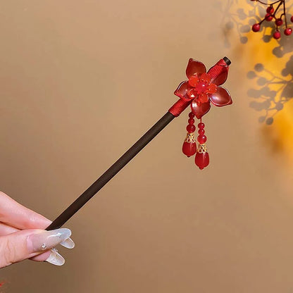 Vintage Chinese Wooden Hair Stick with Red Flower – Hanfu Hairpin Hair Fork for Women