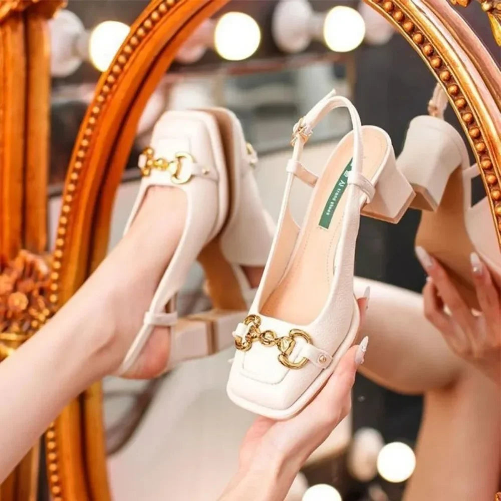 Zapatos Mary Jane de Punta Cuadrada para Mujer – Tacón Medio de 5.5 CM, Zapatos de Tacón con Tira Trasera, Estilo Francés, Casuales de Verano Cómodos