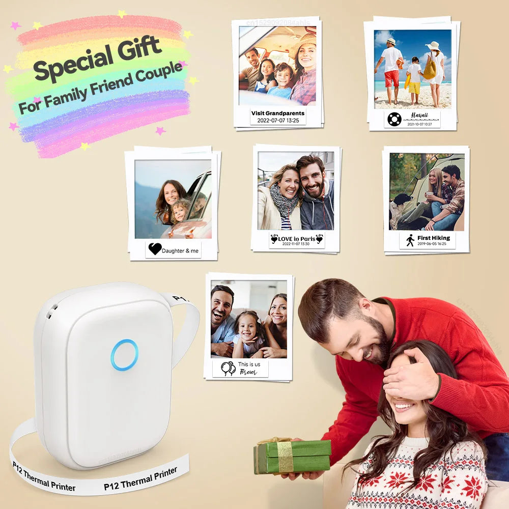 Mini impresora térmica Marklife P12 – Máquina etiquetadora portátil, impresora de pegatinas adhesivas con cinta de etiquetas continua, dispositivo de etiquetado de bolsillo Bluetooth para el hogar, la oficina y la organización