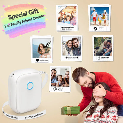 Mini impresora térmica Marklife P12 – Máquina etiquetadora portátil, impresora de pegatinas adhesivas con cinta de etiquetas continua, dispositivo de etiquetado de bolsillo Bluetooth para el hogar, la oficina y la organización