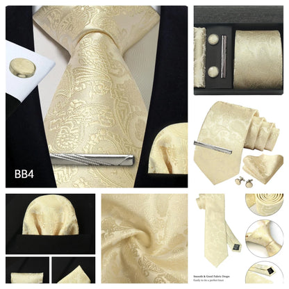 Corbata de seda 100% con diseño floral de Paisley para hombre con pañuelo de bolsillo, pasador de corbata y gemelos en caja de regalo