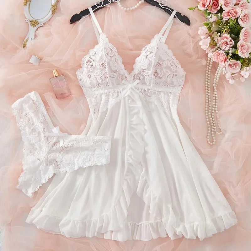 Chemise de nuit à col en V en dentelle pour femme – Robe de nuit en satin doux, vêtement de nuit et de détente confortable pleine longueur
