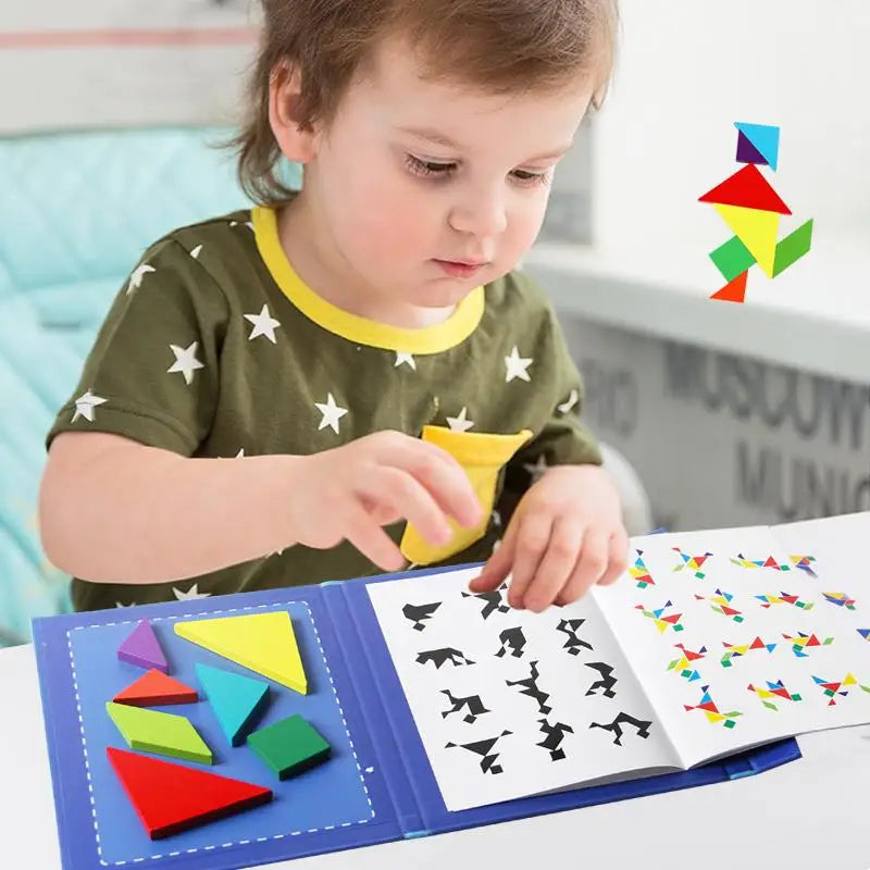 Libro magnético de tangram de madera – Juguete educativo Montessori, rompecabezas portátil para niños, infantes y desarrollo de inteligencia temprana