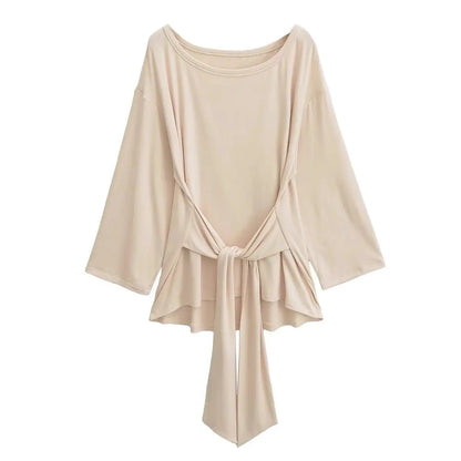 Women’s See Through Long Sleeve Oversize T-Shirt Sexy Back Bandage Off Shoulder Basic Long Tee Korean Chic