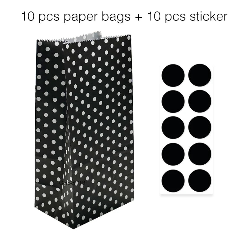 10PCS Stand-Up Colorful Gift Bags with Stickers – Solid, Striped & Polka Dot Treat Bags for Wedding, Birthday & Party Favors (18×9×6cm)