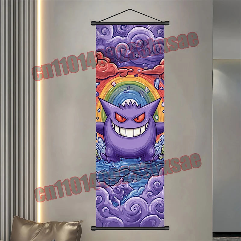 Pokémon Anime Wall Poster – Gengar Eevee Pikachu Scroll Painting Retro Canvas Artwork for Home Decor
