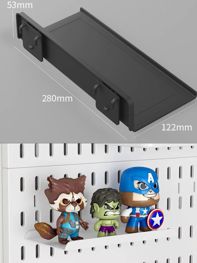 Organizador de pared de tablero perforado sin taladros – Panel de almacenamiento modular con estantes y accesorios para cocina, baño y sala de juegos