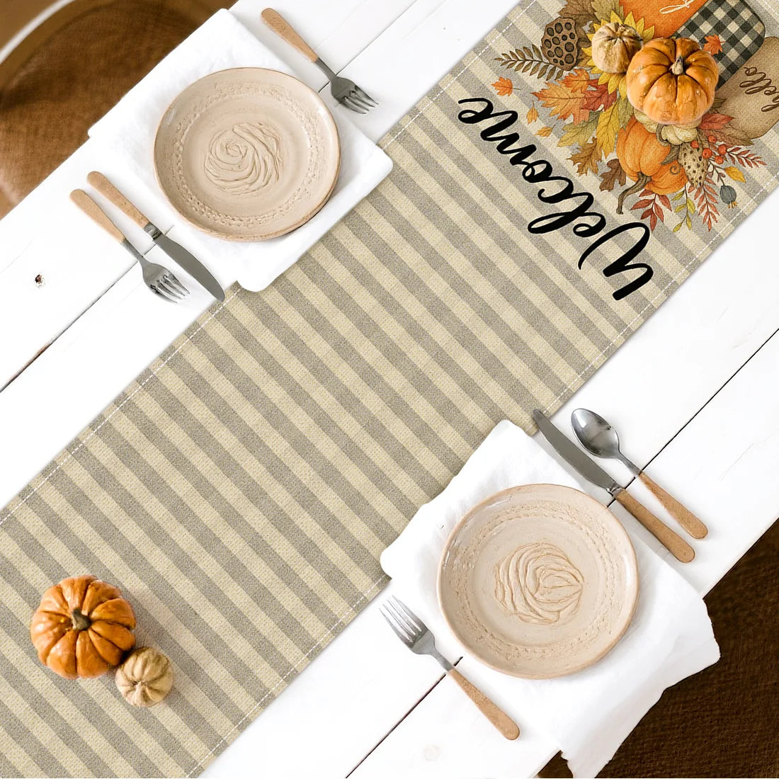 Autumn Pumpkin Illustration Table Runner – Durable Fall Table Decor for Weddings, Kitchen, Dining Room, Thanksgiving & Parties