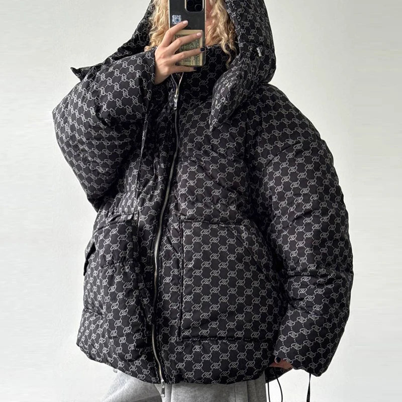 Women’s Winter Printed Coat & Pants 2-Piece Set – Warm Stand Neck Hooded Cotton Jacket with High-Waisted Pants, Chic Casual Outfit
