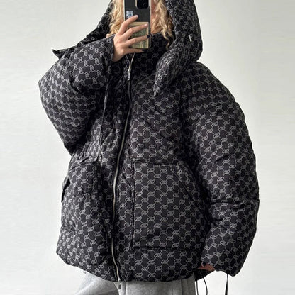 Women’s Winter Printed Coat & Pants 2-Piece Set – Warm Stand Neck Hooded Cotton Jacket with High-Waisted Pants, Chic Casual Outfit