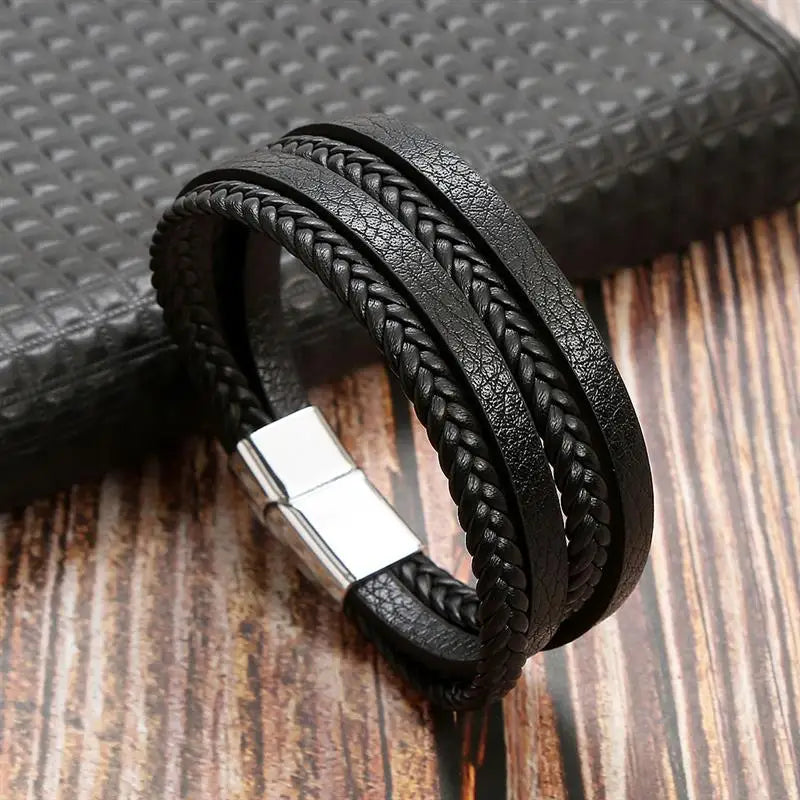 Pulsera de cuero clásica para hombre – Pulsera multicapa tejida a mano para hombre | Accesorio de joyería de moda casual, regalo