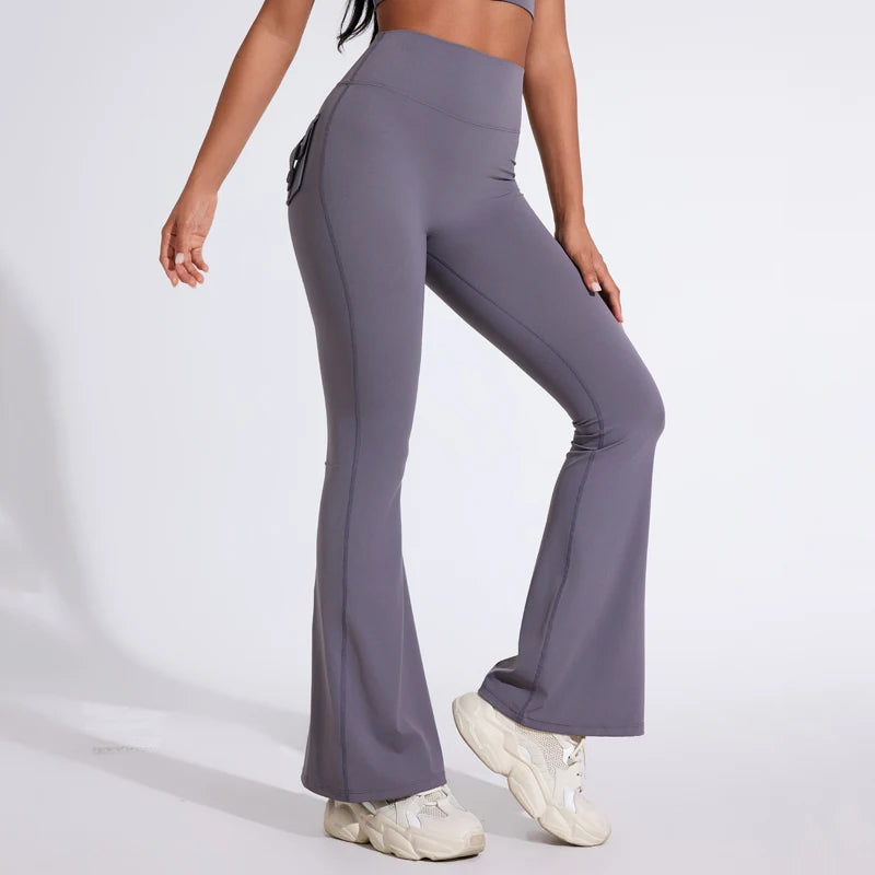 DIAS FIT JOY Pantalon de yoga évasé taille haute pour femme – Legging patte d'éléphant push-up avec poches, pantalon d'entraînement à séchage rapide pour la course, la gym, le fitness et l'exercice