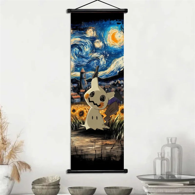 Pokémon Gengar, Squirtle y Mimikyu Noche Estrellada – Lienzo Decorativo Enrollable para Pared – Regalo para Decoración del Hogar
