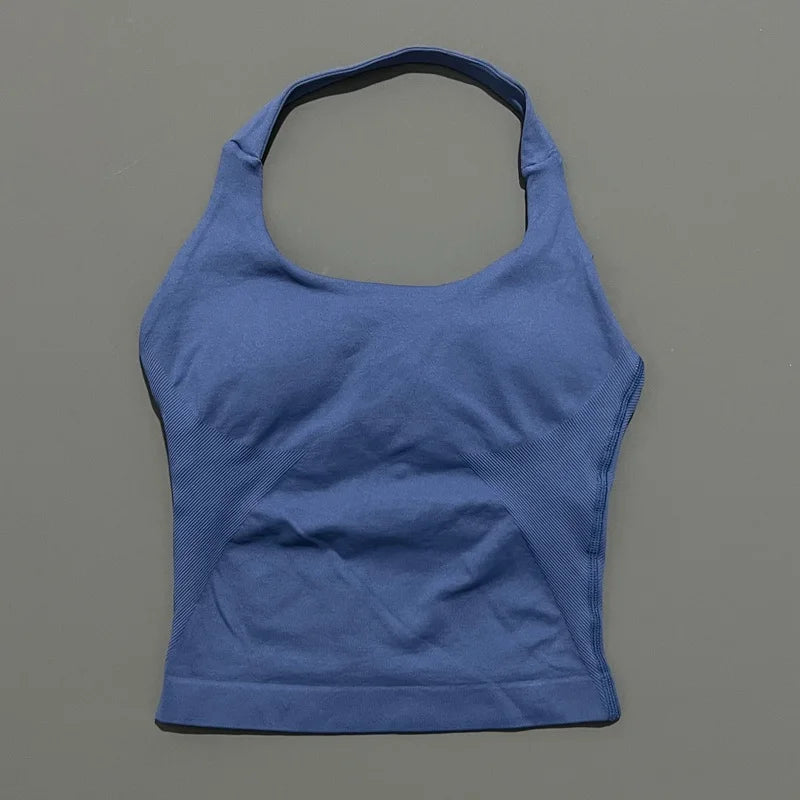 HISTELLO Women’s Seamless Longline Halter Sports Top – Built-in Bra with Removable Cups Yoga & Gym Tank Activewear