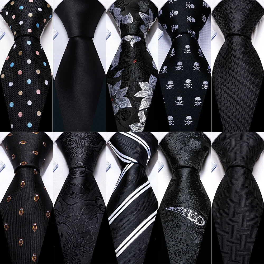 Set de corbata negra para hombre con pañuelo de bolsillo y gemelos. Corbata tejida para ocasiones formales de negocios o bodas.
