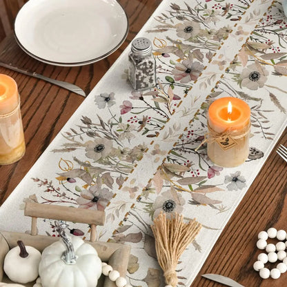 Spring Wildflower Floral Linen Table Runner – Reusable Leaves Flower Farmhouse Table Decor for Kitchen, Dining, Wedding & Party