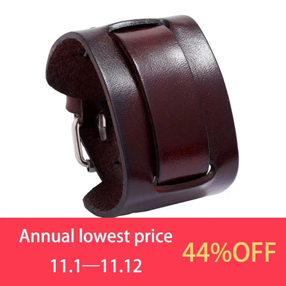 Modyle Wide Genuine Leather Cuff Bracelet – Vintage Brown & Black Punk Wristband for Men | Retro Fashion Jewelry Accessory