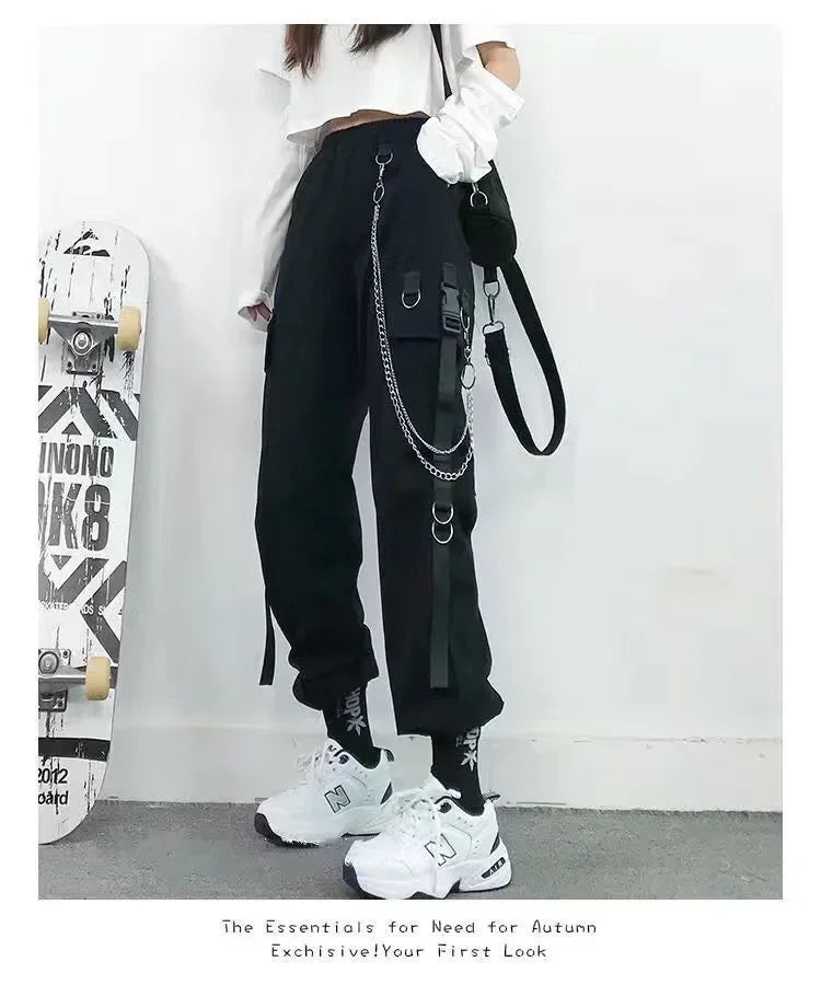 Pantalon Cargo Décontracté Noir pour Femmes Style Coréen Taille Haute Ample Hip Hop Jambe Droite Printemps Automne