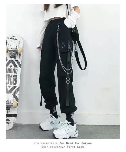 Pantalon Cargo Décontracté Noir pour Femmes Style Coréen Taille Haute Ample Hip Hop Jambe Droite Printemps Automne