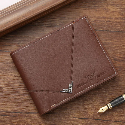 Men's Lychee Texture Leather Wallet Short Card Holder with Coin Pocket & Cash Compartment