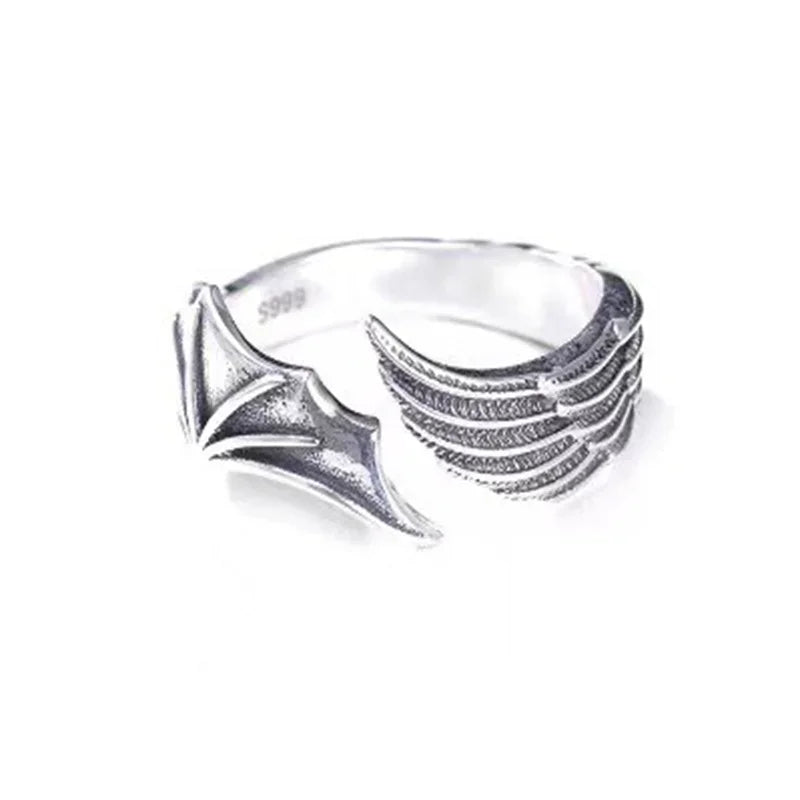 Vintage Angel & Demon Wing Adjustable Couple Ring – Retro Silver Gothic Punk Open Band Ring for Men & Women