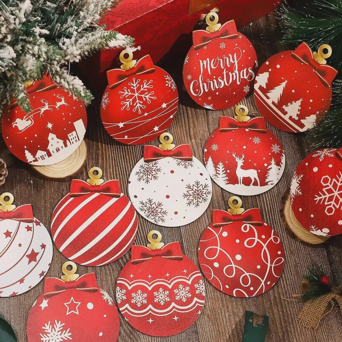 12/24PCS Wooden Christmas Ball Ornaments – Hanging Pendant Decorations for Christmas Parties, Yard, Tree & Holiday Home Decor