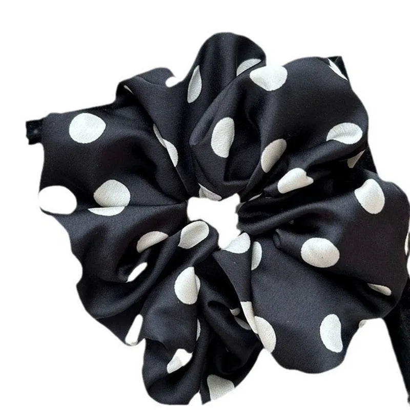 Korean Dot Satin Scrunchies – White & Black Silk Elastic Hair Ties for Women & Girls | Fashion Ponytail Hair Accessories