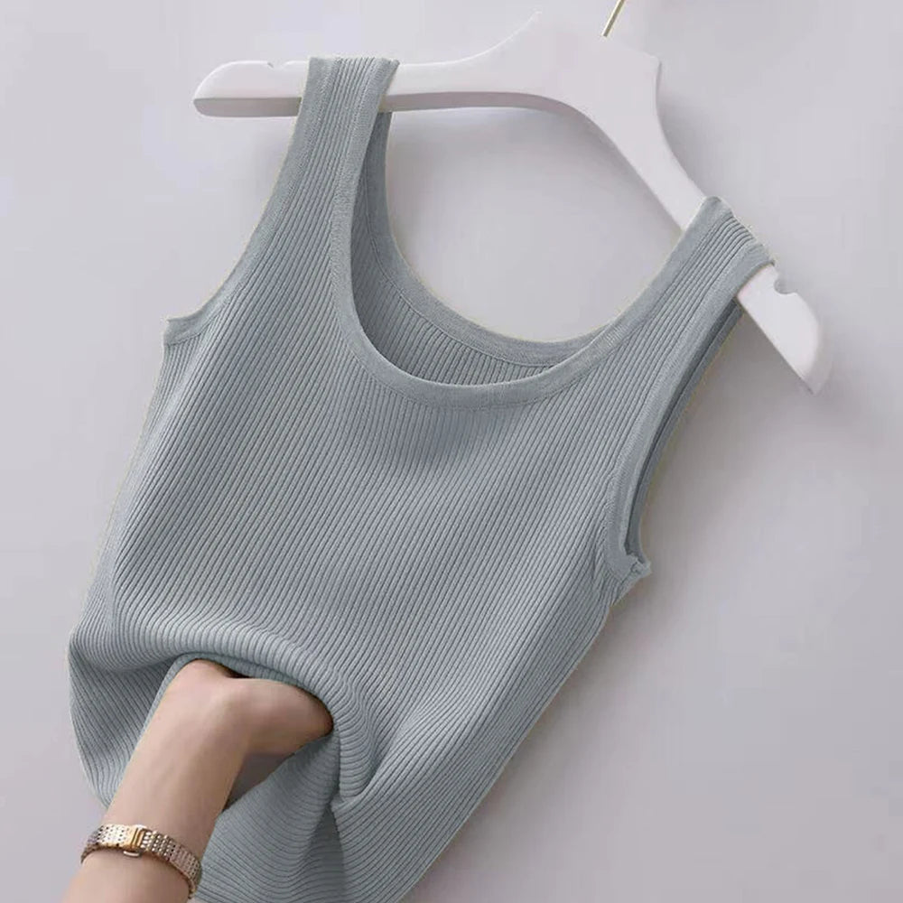 Haut court décontracté basique en tricot à col en U sans manches et de couleur unie pour femme, idéal pour l'automne