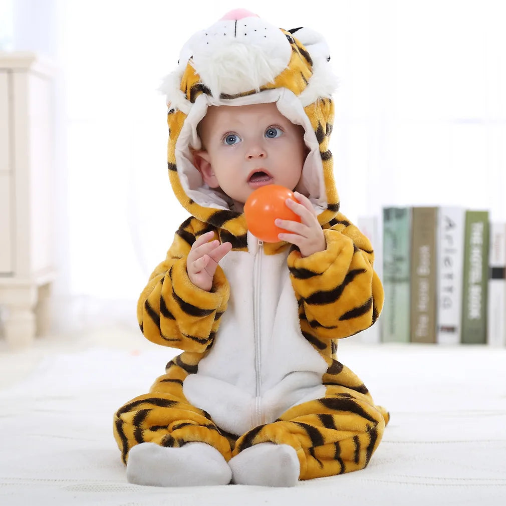 Halloween Dinosaur Baby Romper – Warm Fleece Hooded Kigurumi Pajamas & Animal Jumpsuit for Baby Boys & Girls, Cozy Winter Costume 0-4T