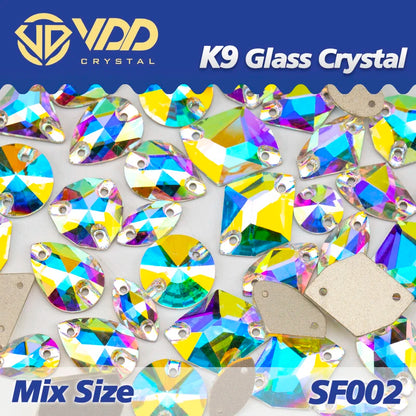 Strass à coudre en cristal K9 AB Mix – Pierres plates en verre AAAAA pour vêtements, robes de mariée et projets de bricolage