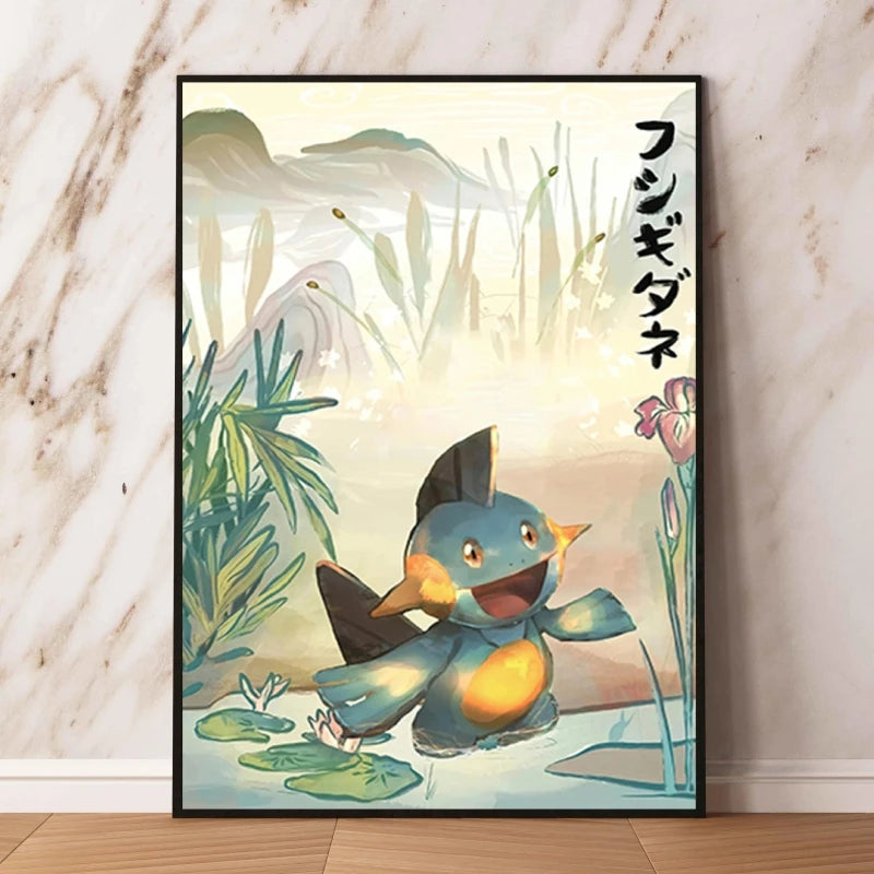 Japanese Anime Pokémon Canvas Wall Art – Pikachu, Charmander & Eevee Watercolor Poster Print Home Decor