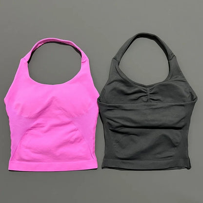 HISTELLO Women’s Seamless Longline Halter Sports Top – Built-in Bra with Removable Cups Yoga & Gym Tank Activewear