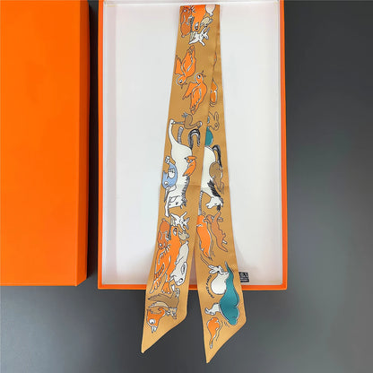 Pañuelo estrecho de sarga de seda 100 % de lujo para mujer, diseño de marca, pañuelo para bolso, pañuelo para el cuello, diadema para el pelo