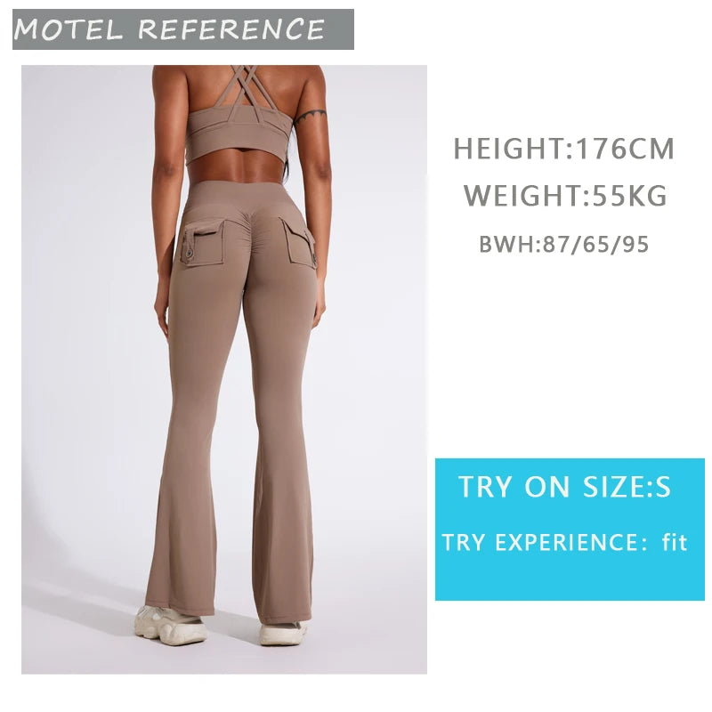DIAS FIT JOY Pantalon de yoga évasé taille haute pour femme – Legging patte d'éléphant push-up avec poches, pantalon d'entraînement à séchage rapide pour la course, la gym, le fitness et l'exercice
