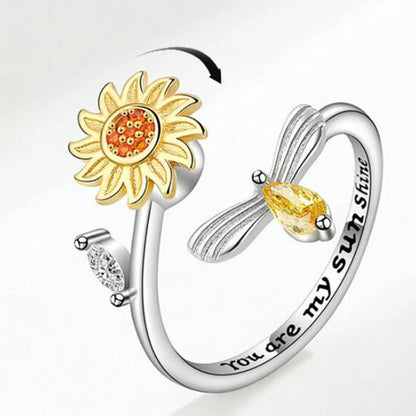 Anillo giratorio antiestrés de mariposa y flor con diamantes de imitación – Anillo giratorio antiansiedad para mujer | Joyería ajustable para aliviar el estrés