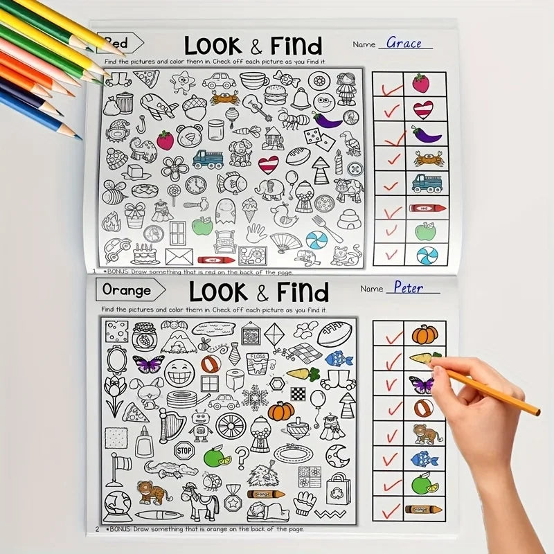 Livre d'activités interactif de cherche-et-trouve à colorier – Livre de puzzles d'objets cachés pour enfants avec des jeux de cherche-et-trouve, des exercices d'association, des pages de coloriage créatives et des activités d'apprentissage éducatives