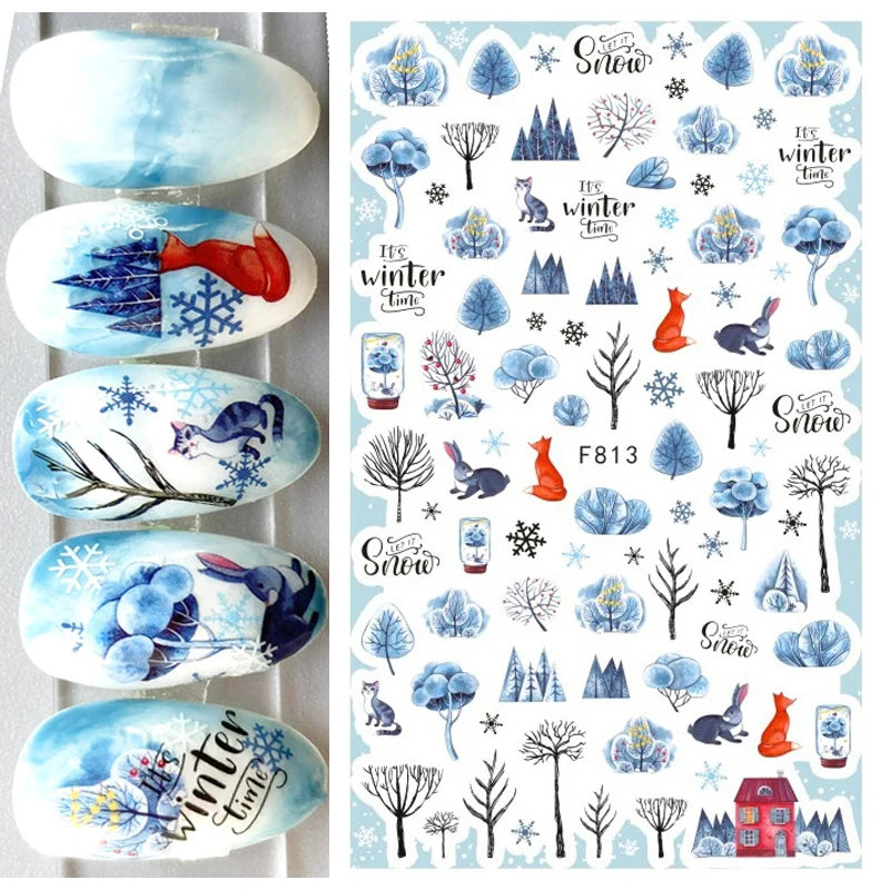 3D Christmas Nail Art Stickers – Snowflake & Winter Tree Nail Decals for Nail Tips Decoration