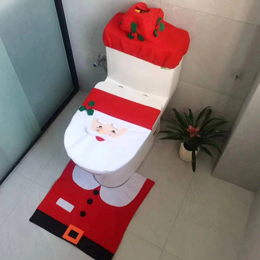 3PCS Christmas Bathroom Decor Set – Festive Toilet Seat Cover, Tank Cover & Bathroom Rugs for Indoor Home Holiday Decoration
