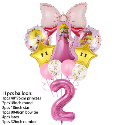 Princess Peach Party Supplies Set – Cartoon Anime-Themed Tableware, Balloons & Decorations for Children's Birthdays & Baby Showers